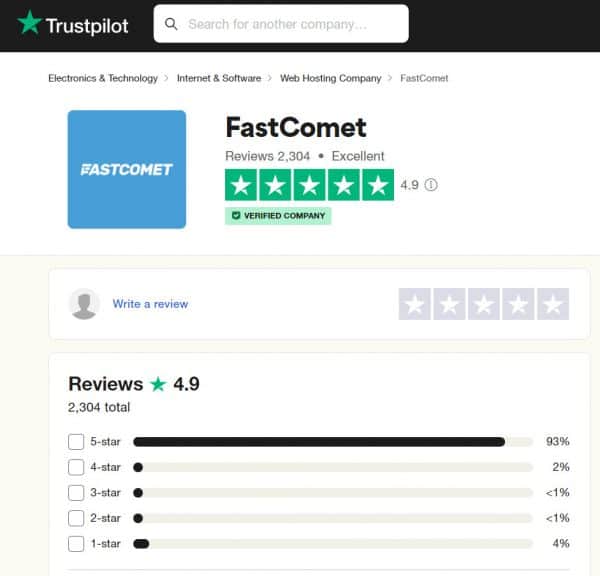 Fastcomet在Trustpilot上的評分